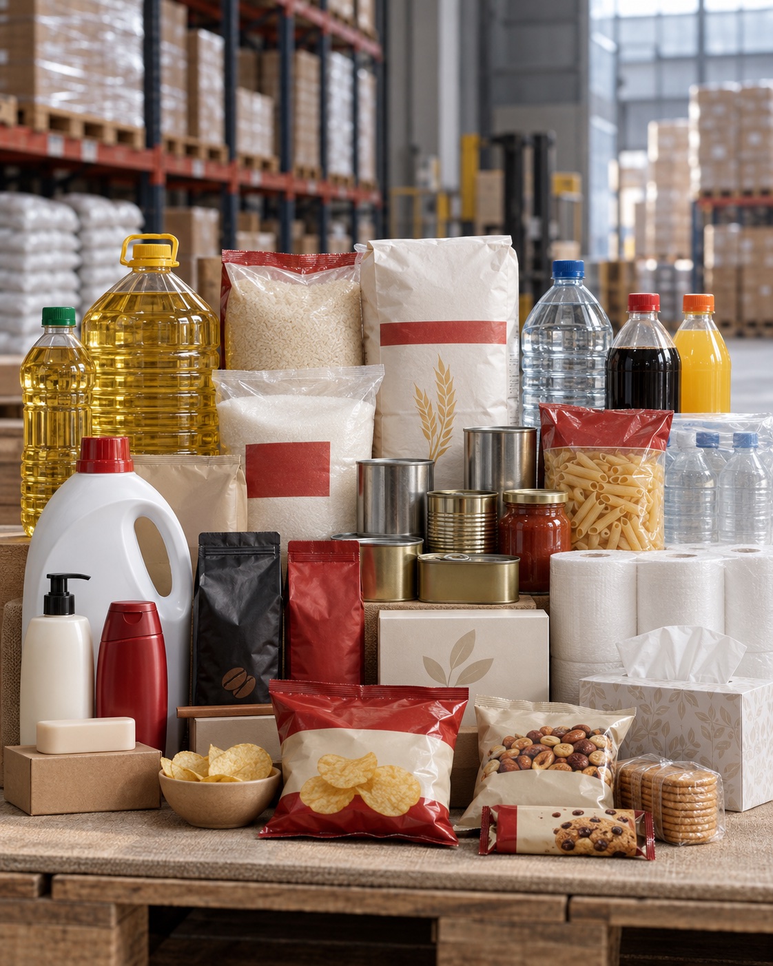 FMCG-Sortiment aus Lebensmitteln, Getränken, Haushalts- und Körperpflegeprodukten für den B2B-Großhandel